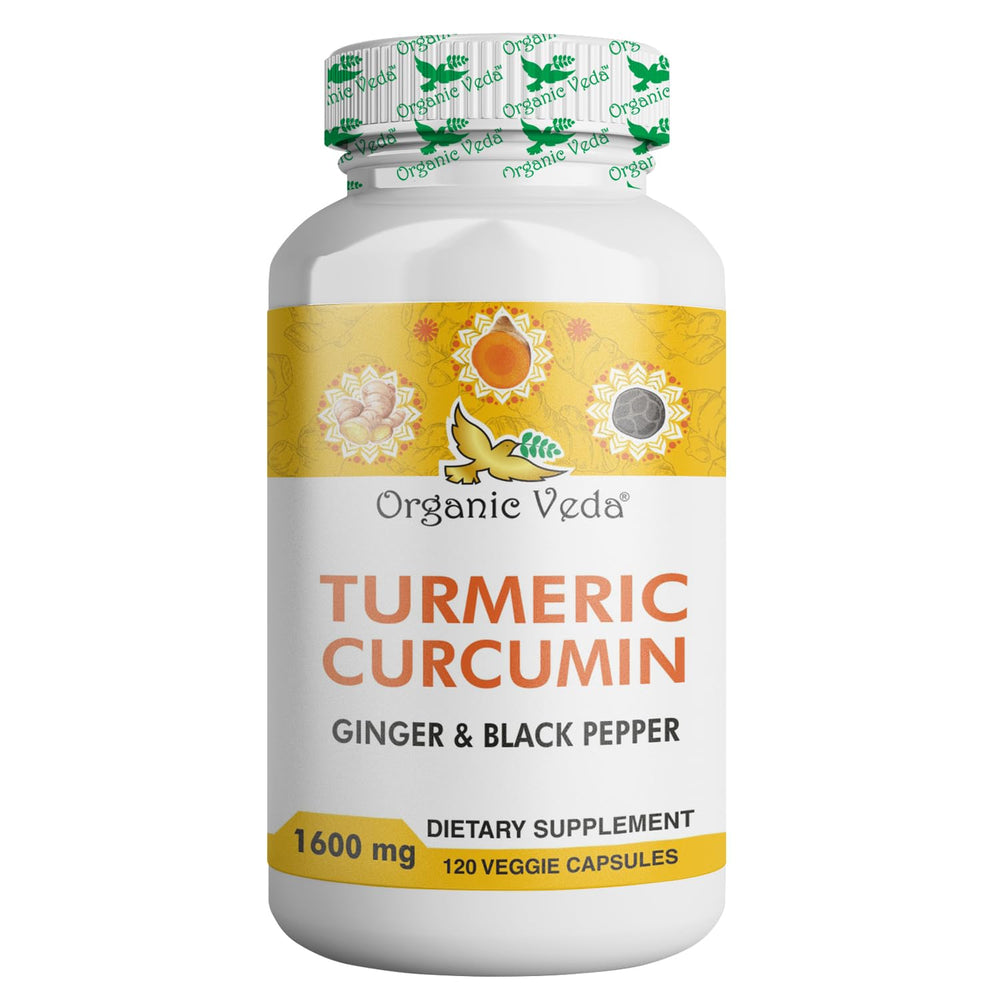 Bottle of Organic Veda Turmeric and Ginger Capsules 120 Pills on white background