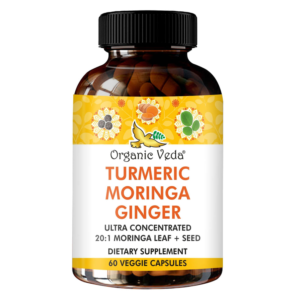 Organic Veda Turmeric Moringa Ginger Capsules bottle front view
