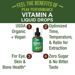 Front view of Organic Vitamin A Liquid Drops bottle and label
