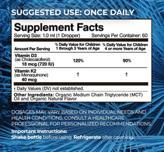 Organic D3 K2 liquid drops for toddlers and children ages 1-12