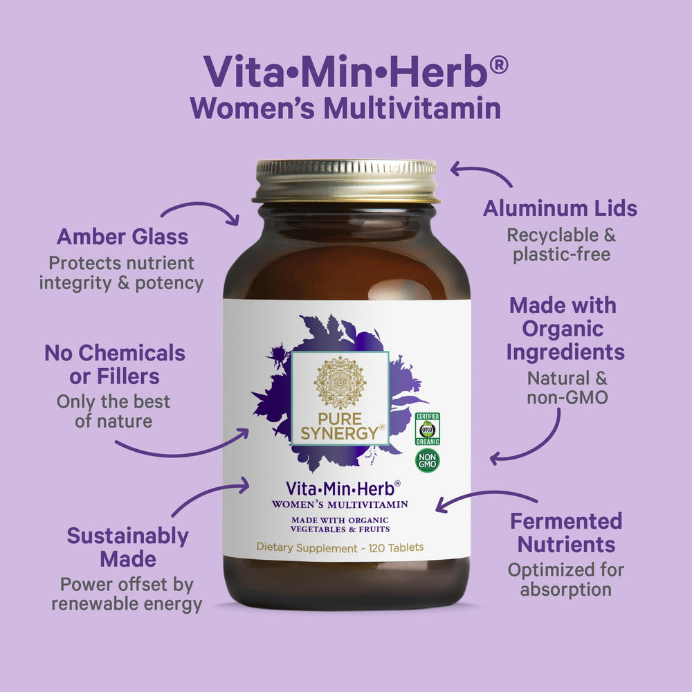 Organic whole food ingredients used in Vita·Min·Herb for Women