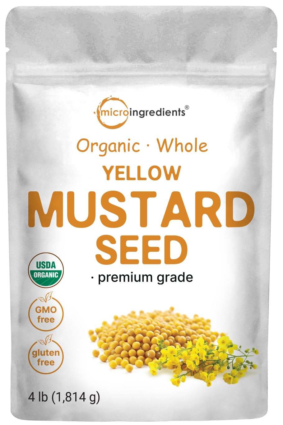 Organic whole yellow mustard seeds in a 4 lb bulk bag