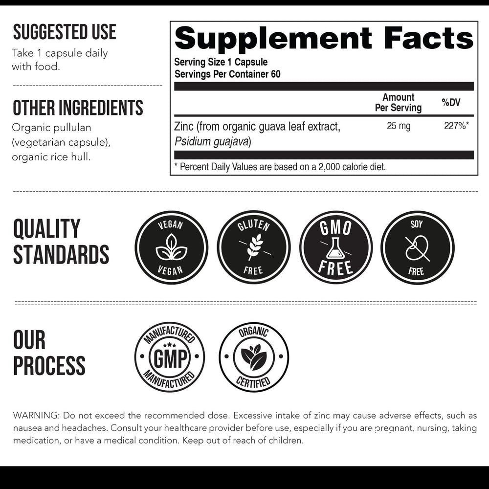 Organic Zinc 25 mg bottle with 60 servings label