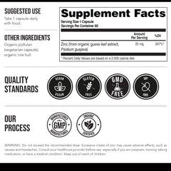 Organic Zinc 25 mg bottle with 60 servings label