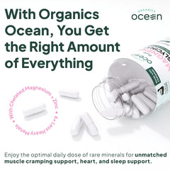 Dead Sea mineral source label emphasizes purity in Organics Ocean supplement.