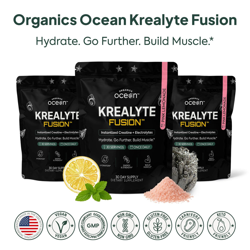 Badges indicating vegan, sugar-free, gluten-free, keto-friendly on Krealyte Fusion