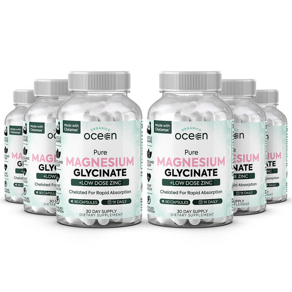 Organics Ocean bottle of Pure Magnesium Glycinate with Zinc showing high absorption formula