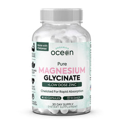 Organics Ocean pure magnesium glycinate with zinc bottle highlights high absorption.