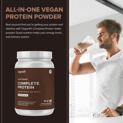 Organifi Complete Protein Chocolate mixed glass presents a creamy shake as a meal or snack.