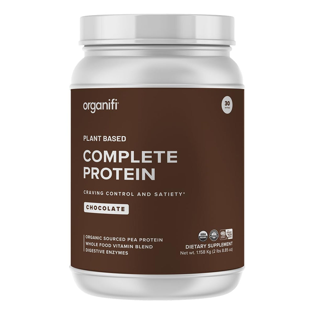 Organifi Complete Protein Chocolate tub front label shows plant-based protein for daily nutrition and vitamins.