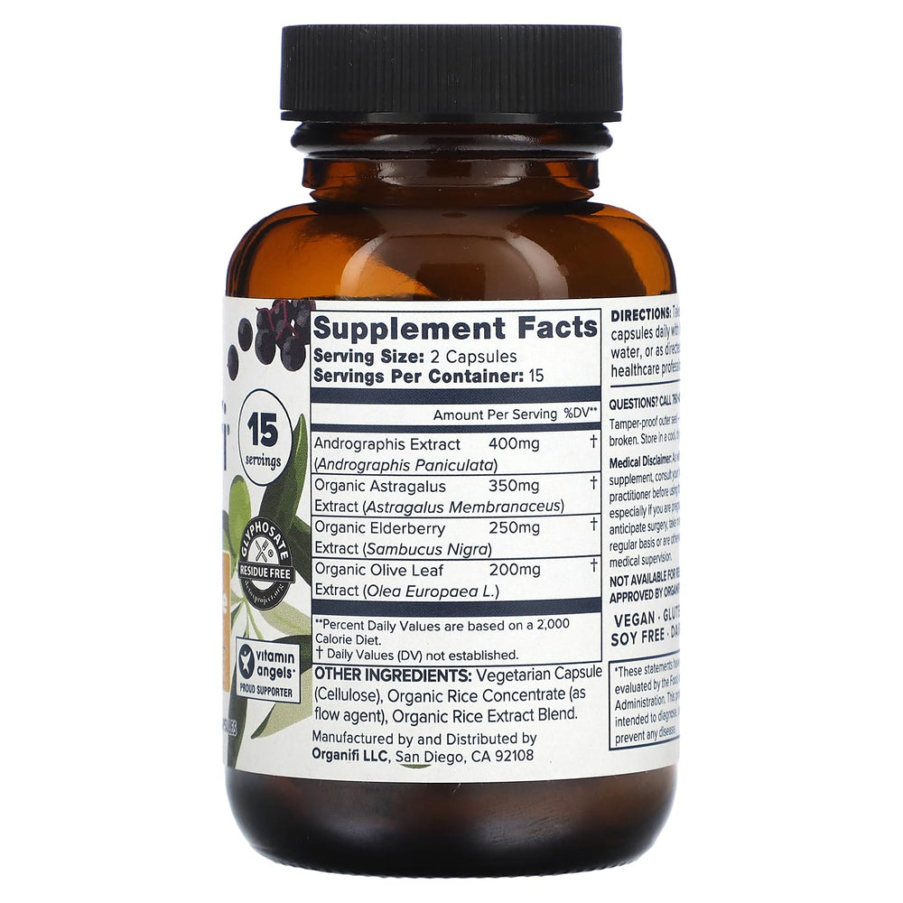 Close-up of essential ingredients: elderberry, Andrographis, Astragalus, olive leaf extract