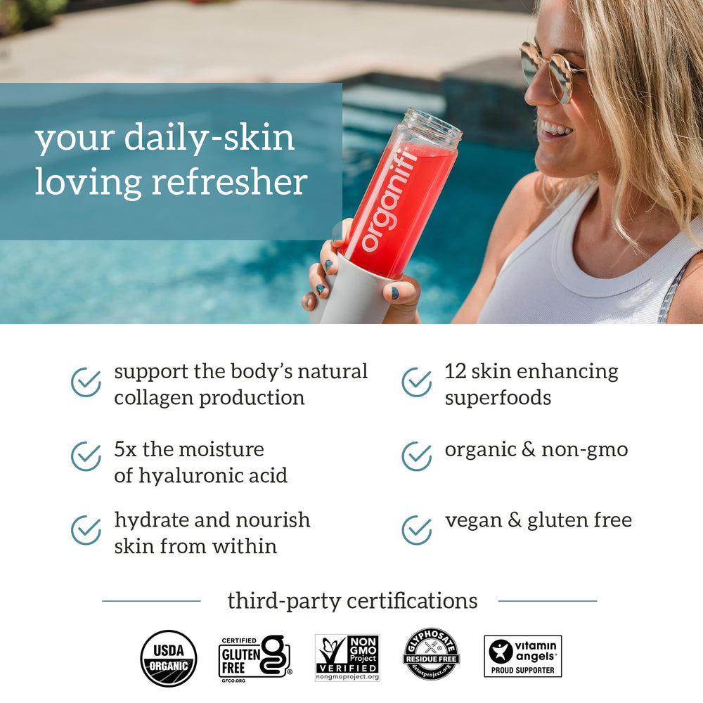 A collage of Glow ingredients: Acerola Cherry, Tremella Mushroom, rosehips