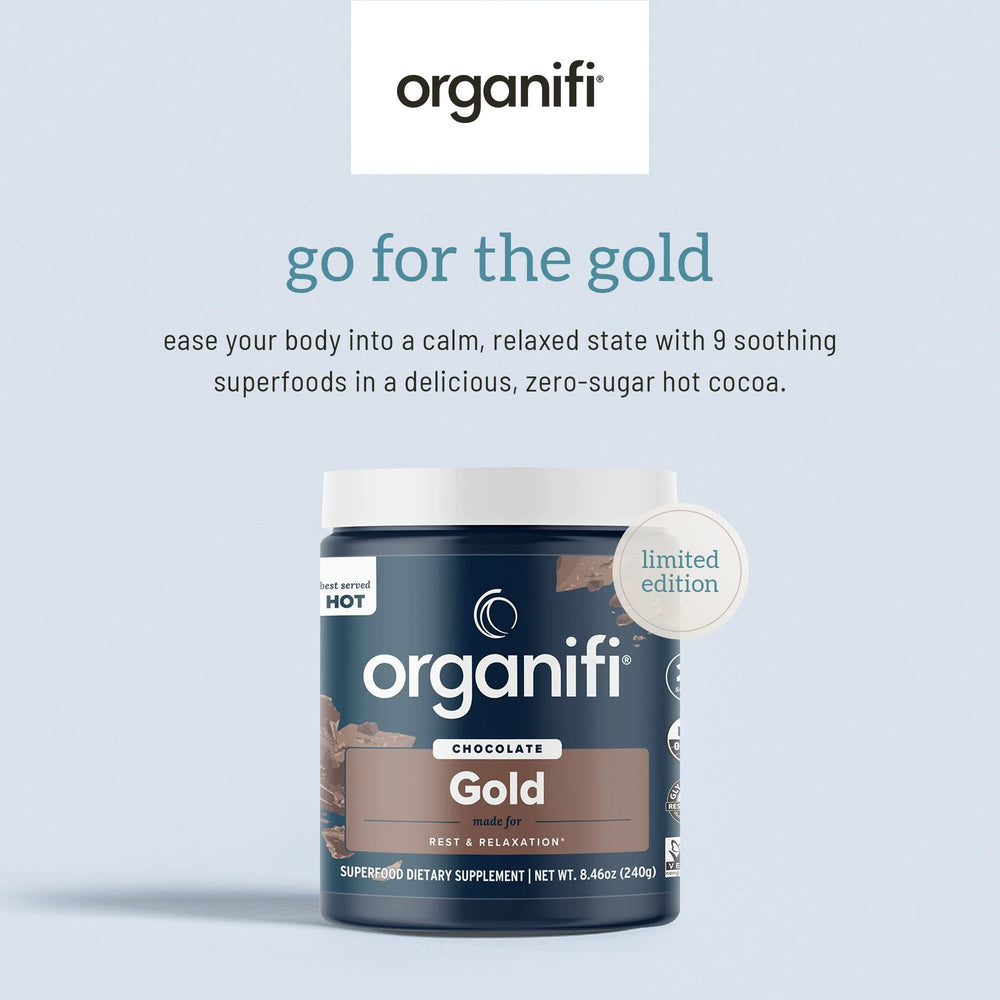 Jar of Organifi Gold Chocolate with ingredients