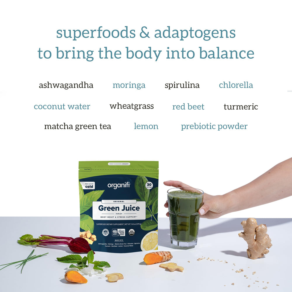 Organifi Green Juice packaging emphasizing vegan and gluten-free features