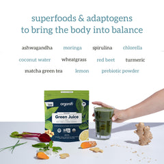 Organifi Green Juice packaging emphasizing vegan and gluten-free features