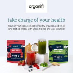 Organifi Green Juice label close-up emphasizes organic ingredients