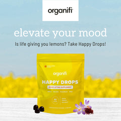 Lemon-flavored Happy Drops gummies on white background