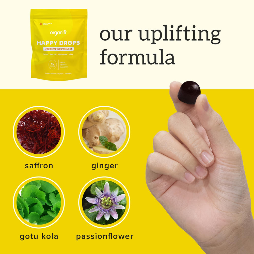 Vegan and gluten-free badges with Happy Drops branding