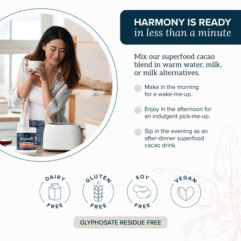 Hot cocoa-style serving of Organifi Harmony in a mug