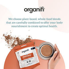 Lifestyle image of a woman enjoying a warm Organifi Harmony drink