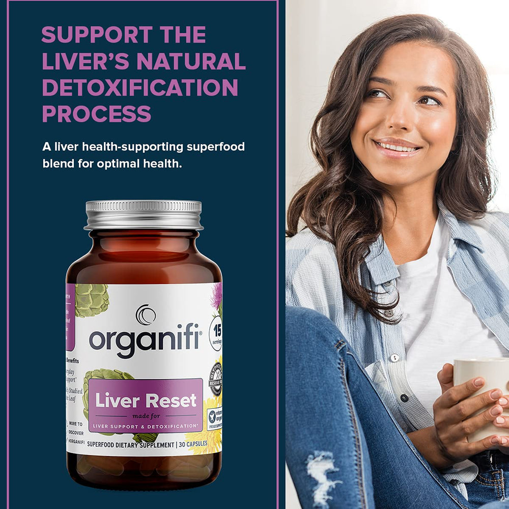 Organifi Liver Reset ingredients blend highlighting detox and energy support herbs