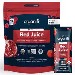 Organifi Red Juice packets closeup offering convenient daily energy support