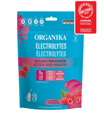 Organika Pure Electrolytes Raspberry shown during hiking for on-the-go hydration