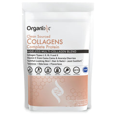 Scooping Organixx collagen powder into a beverage