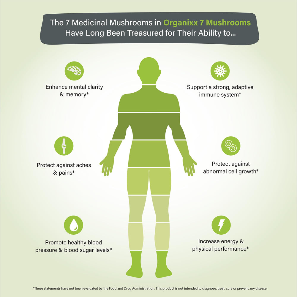 Illustration of the seven organic fermented mushrooms used in Organixx formula