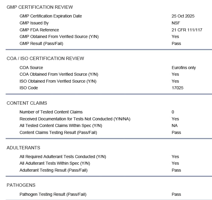 Ingredients panel showing pectin and vegan notes
