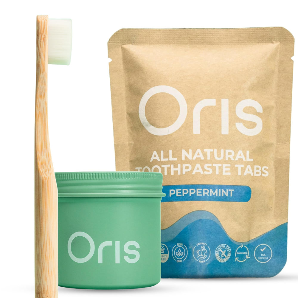 Oris Starter Bundle product shot showcasing peppermint toothpaste tablets and packaging