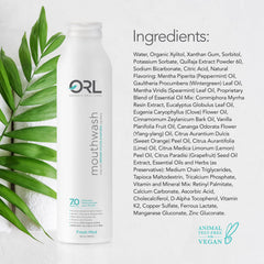 Cruelty-free and vegan badge on ORL mouthwash packaging.