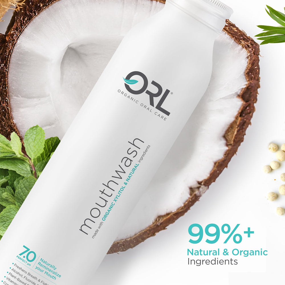 Side view of ORL mouthwash bottle showing aluminum eco-friendly packaging.