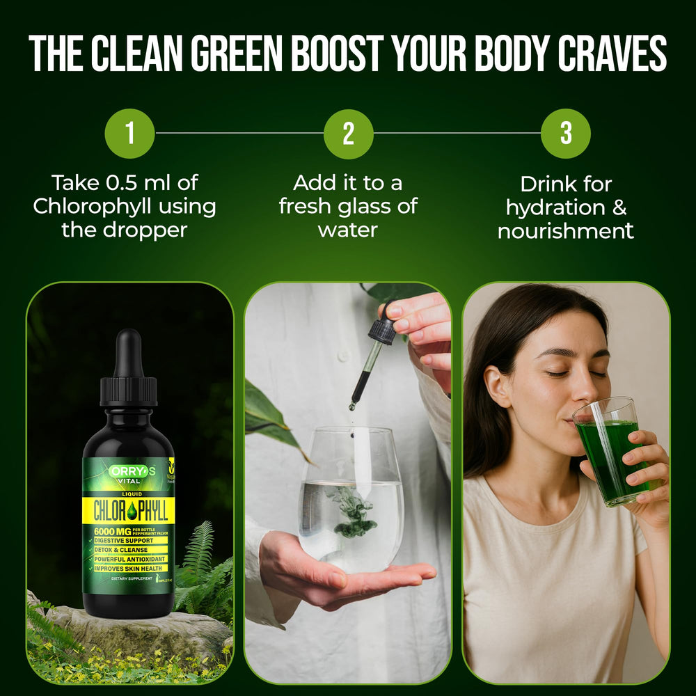 Dropper dispensing chlorophyll liquid into glass
