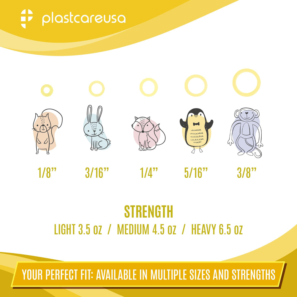 Yellow latex orthodontic elastics available in light, medium, and heavy tensions