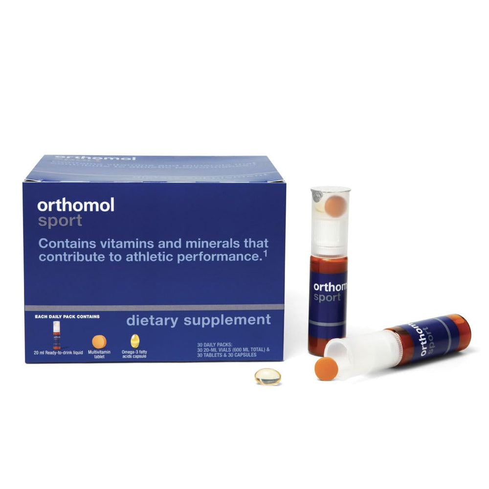 Orthomol Sport bottle and box on white background
