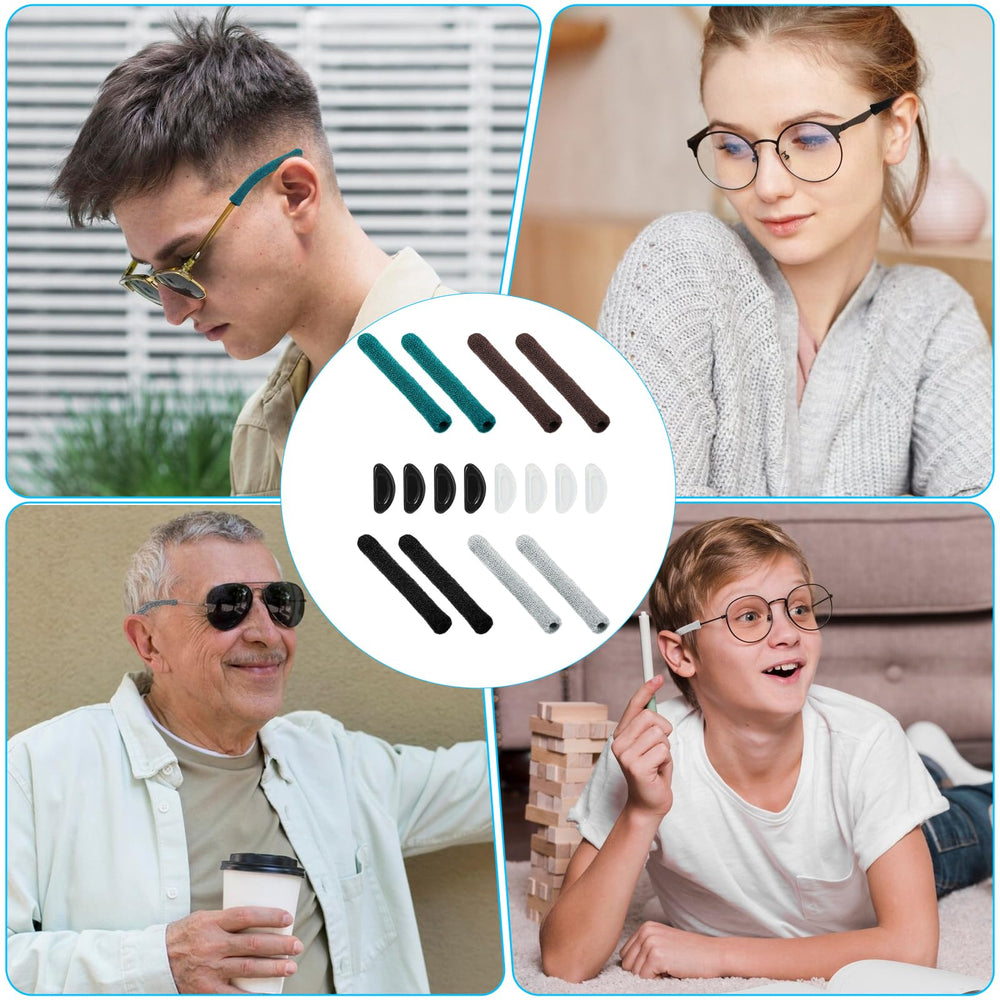 Color options for eyeglass ear cushions and nose pads (black, green, coffee, gray)