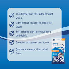 Thin flosser arm fitting between braces brackets