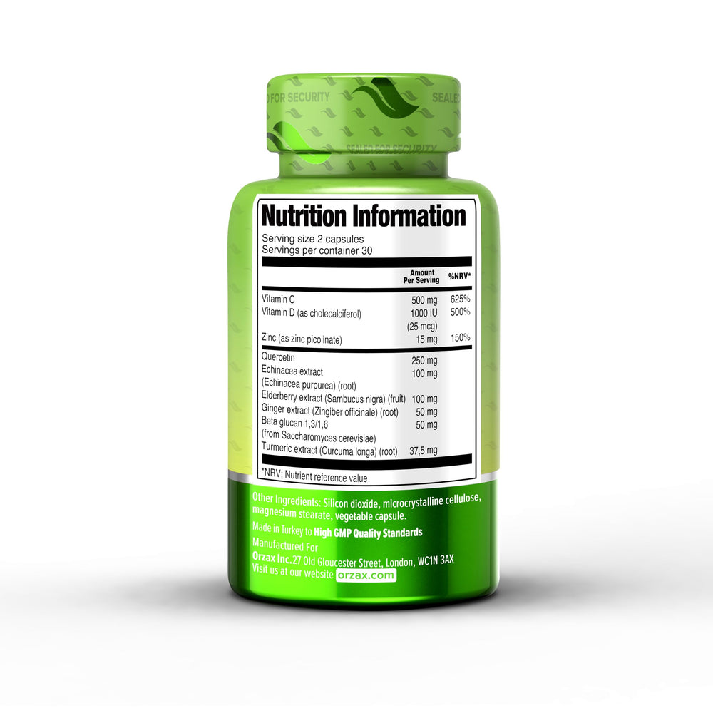 Close-up of ORZAX 9 in 1 Immune Defense supplement ingredients including turmeric, ginger, zinc and quercetin