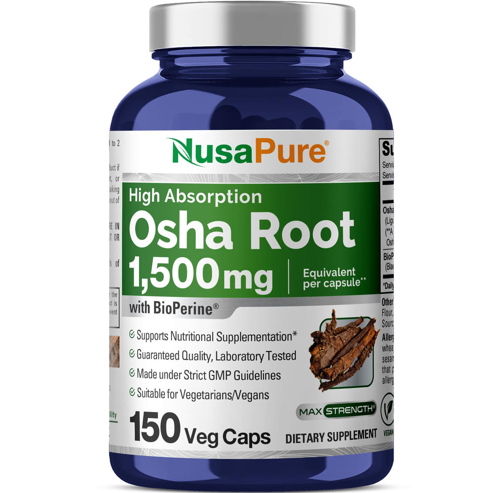Front view of NusaPure OSHA Root Extract bottle, 1500 mg per vegan capsule