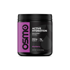 Osmo Active Hydration powder canister with blackberry flavor promotes steady hydration during workouts.