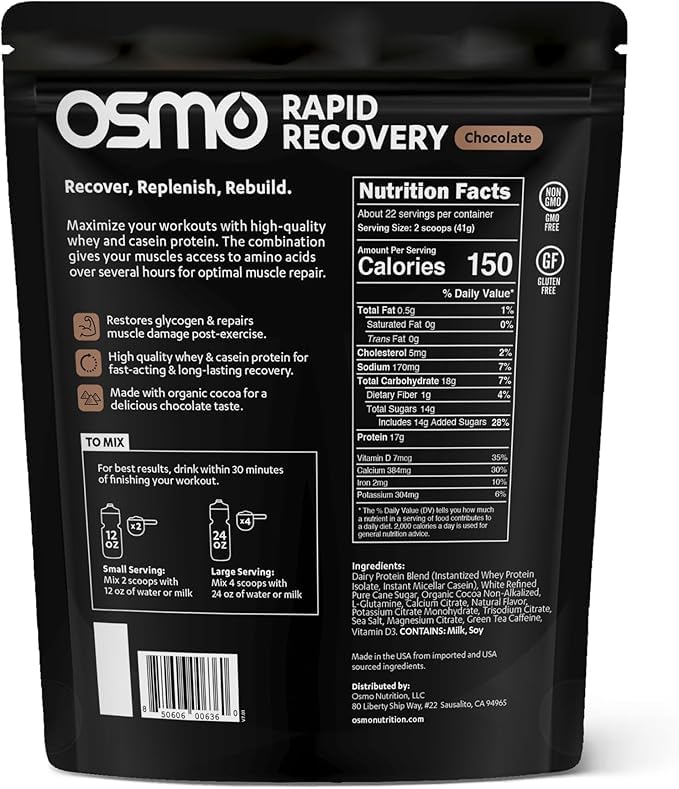 Osmo Rapid Recovery chocolate shaker demonstrates fast and slow releasing proteins for sustained amino acids