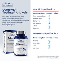 Close-up of OsteoMD ingredients highlighting Vitamin D3 and K2