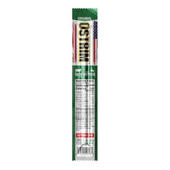 Ostrim Original stick in hand emphasizing portable protein snack for workouts.