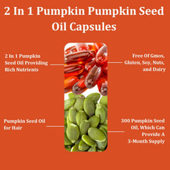 Graphic showing hair growth and radiant skin from pumpkin seed oil capsules