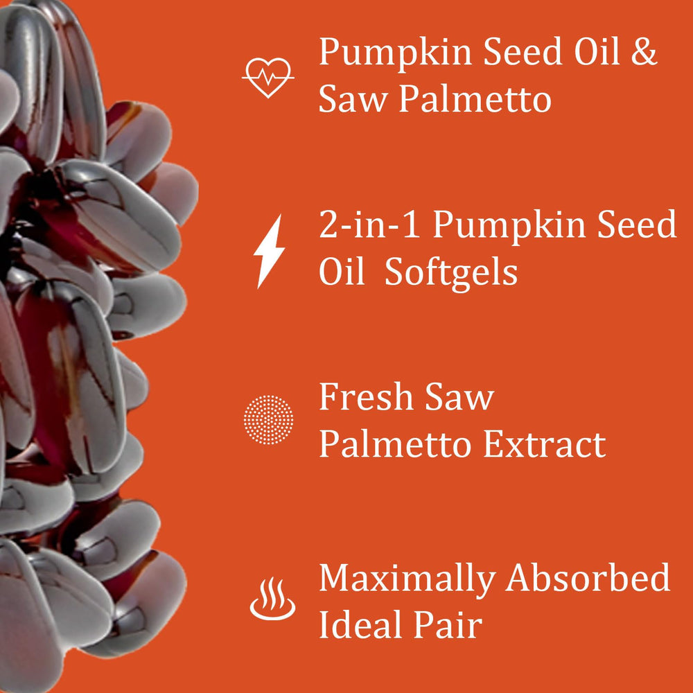 Close-up of pumpkin seed oil and saw palmetto ingredients