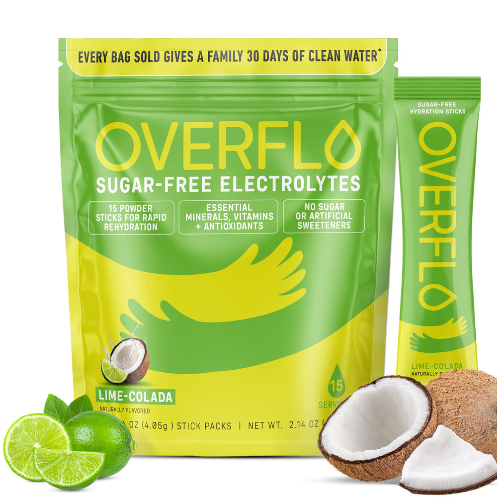 Overflo packaging in lime-colada flavor for clean hydration and everyday wellness