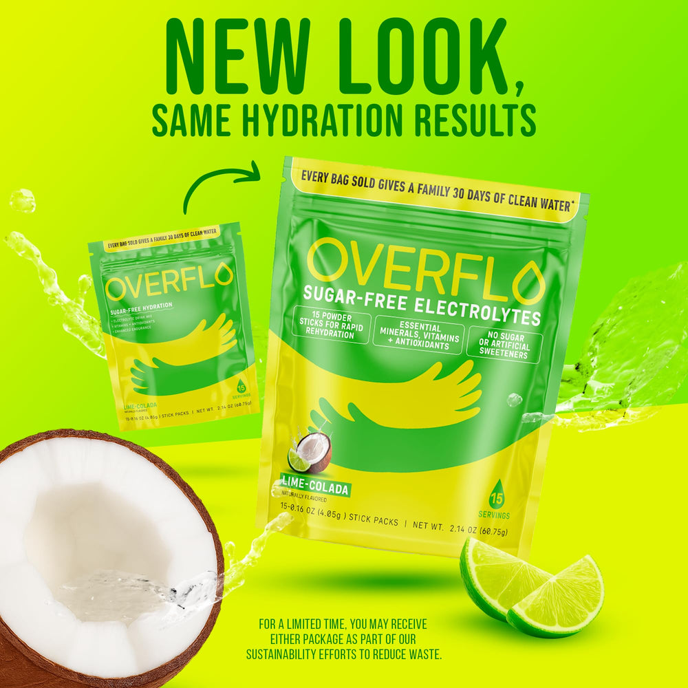 Overflo powder dissolving in water shows quick, clean hydration without sugar