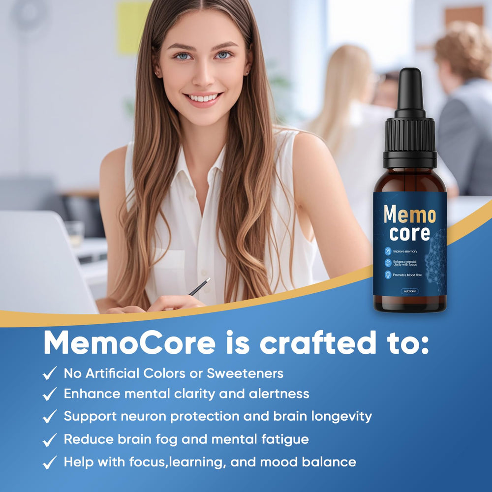 Close-up of the dropper dispensing Memocore liquid