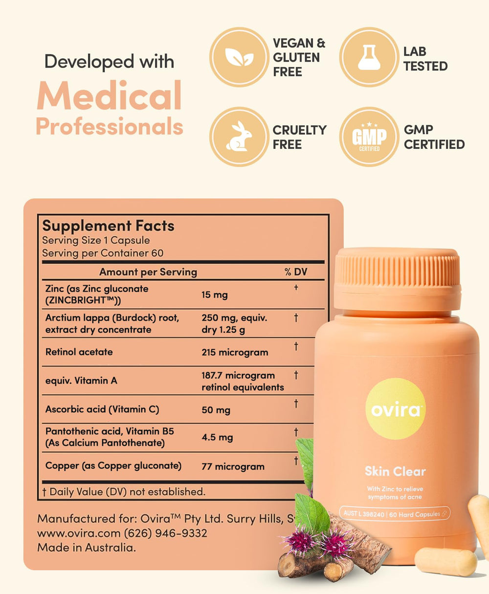 Two Ovira Skin Clear capsules on white background